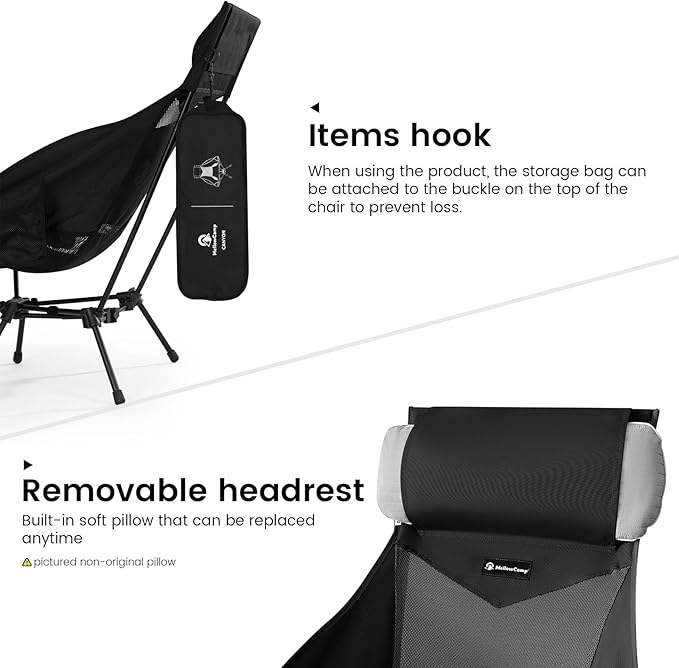 MellowCamp High Back Camping Chair Oversized Comfort Design Collapsible Camp Chair with Pillow (Black)