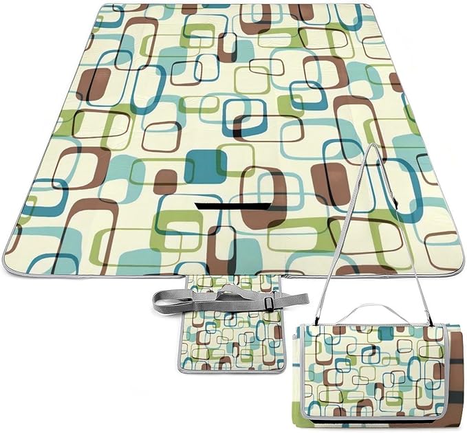 Colorful Retro Mid Century Modern Atomic Pattern Waterproof Outdoor Picnic Blanket Sandproof Beach Mat for Camping Hiking Grass Travelling