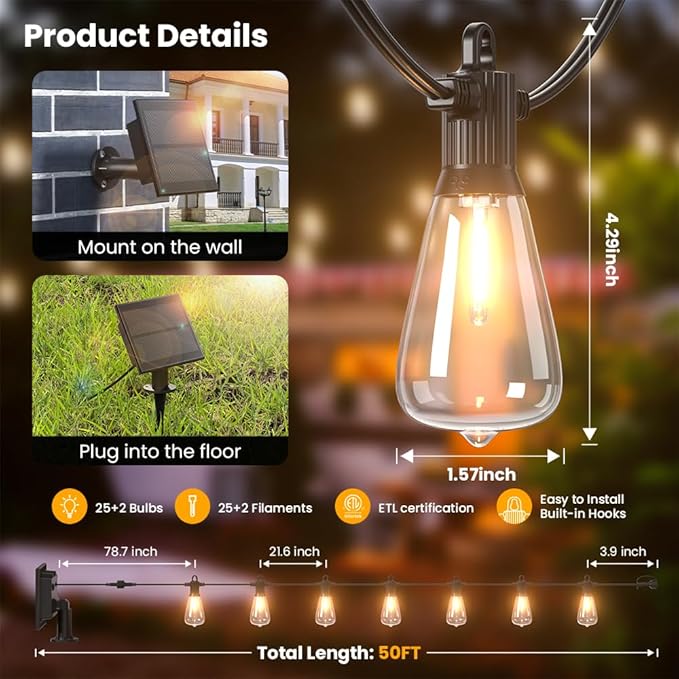 50FT Solar String Lights Outdoor Waterproof IP65 with USB-Charging  Solar Powered LED Patio Lights with 25+2 Shatterproof ST38 Edison Bulbs Hanging Lights for Outside Backyard Garden Bistro Gazebo