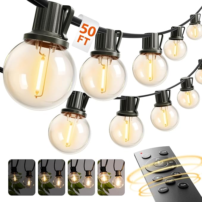 addlon Outdoor String Lights 50FT G40 with Remote 27 LED Shatterproof Bulbs Dimmable Patio Globe Lights Waterproof Hanging Outside Lighting for Backyard Garden Deck Balcony Porch Café Decor