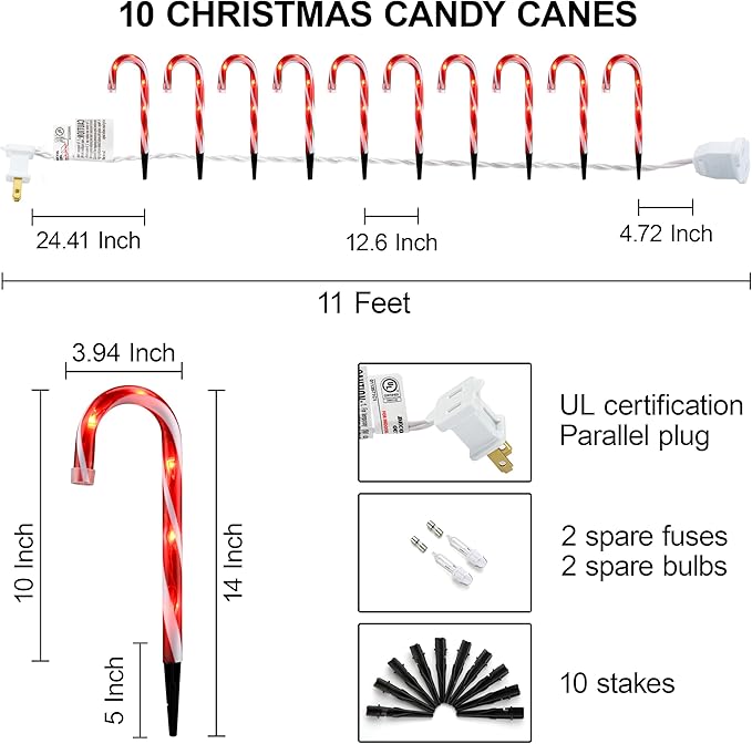 Candy Cane Lights - 10 Pack Candy Cane Pathway Lights 10 Christmas Candy Cane Light Red Outdoor Candy Cane Christmas Decor for Walkway Driveway Sidewalk Garden Xmas Path Stake Light Markers