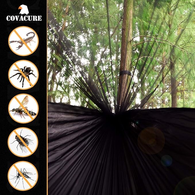 Covacure Camping Hammock - 772lbs Capacity Double Hammock with Tree Straps Lightweight Parachute Nylon Outdoor Survival Gear for Hiking Backpacking Travel or Backyard (Black)