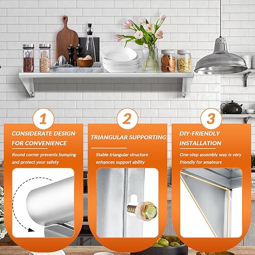 Commercial Stainless Steel Shelf 12 x 48” Wall Mounted Food Service Storage Rack Shelves Heavy Duty 300 lb Metal Shelf for Kitchen Restaurant Food Truck Garage Laundry Room