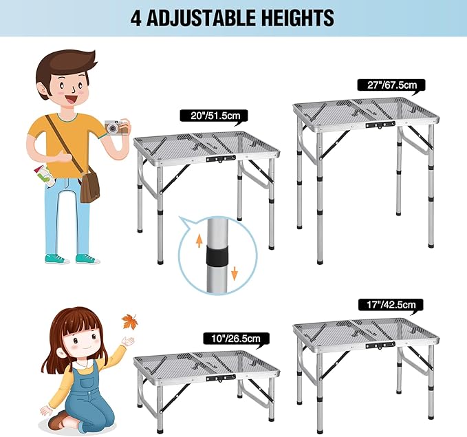 RedSwing Folding Grill Table Lightweight Height Adjustable Aluminum Table with Mesh Desktop and Mesh Bag for Outdoor Camping Picnic BBQ 2 Feet Sliver