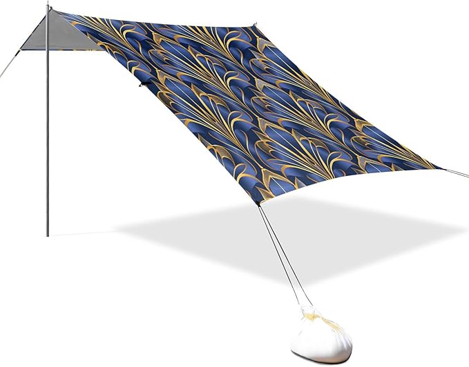 ALAZA Royal Blue &amp Golden Art Deco Floral Beach Tent Sun Shelter UPF50+ Protection Beach Shade Canopy w/ 4 Sandbags for Outdoor Camping Fishing Backyard Fun Picnic 10x9 ft