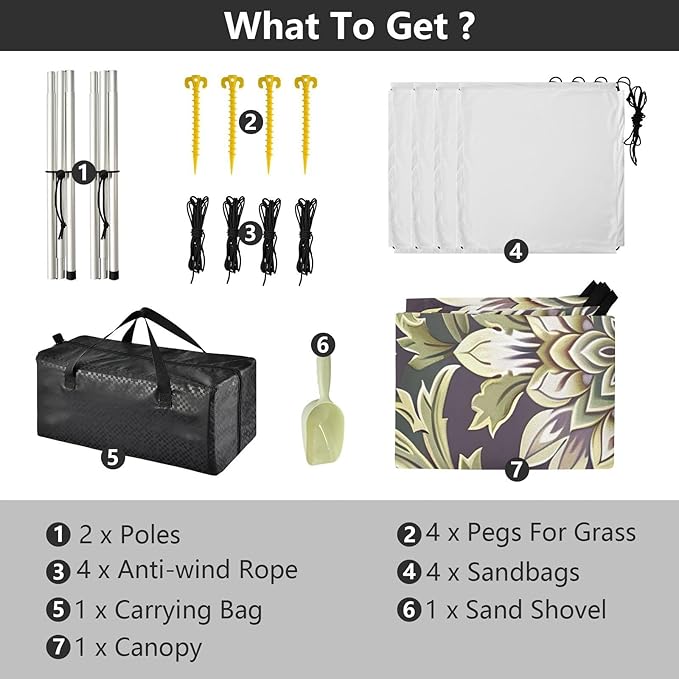 Olive Green Floral Beach Tent Sun Shelter 9.2' x 10.5' Beach Canopy with 4 Sandbags 4 Stability Poles Sand Shovels - Tent Canopy for Beach Camping Fishing Picnics