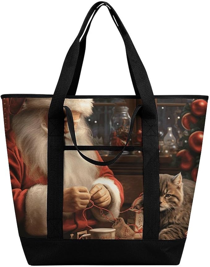 Insulated Shopping BagLarge Reusable Cooler Bags Christmas Santa Claus Sewing Tree Cat Printed Foldable Shopping BagTravel Waterproof Shoulder Bag