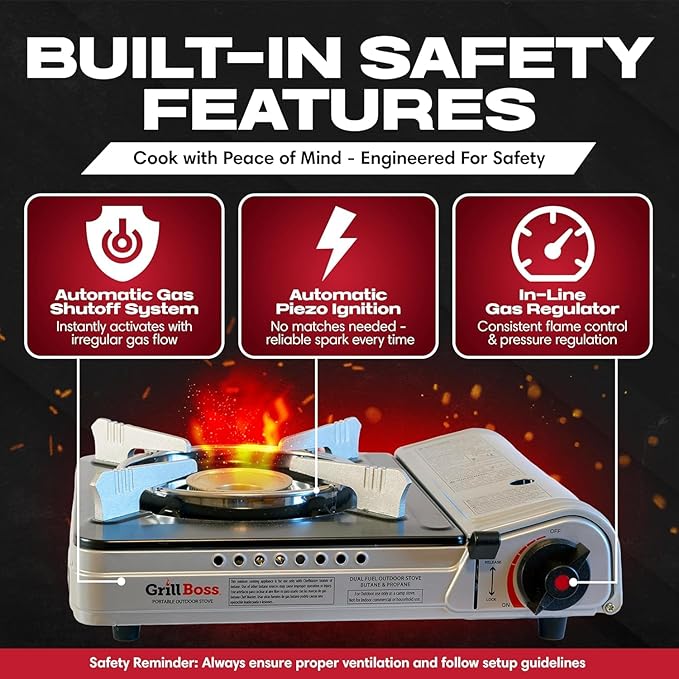 Grill Boss Dual Fuel Camp Stove - 12000 BTU Butane &amp Propane Portable Stoves for Camping Emergencies BBQ Hiking &amp Backpacking - Double Wind Guard Instant Piezo Ignition System - 90057