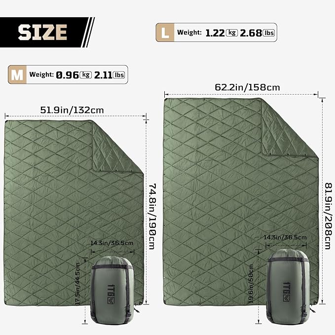 Camping Blanket - Packable Ultra Warm and Lightweight with Snap Button Backpacking Quilt for Sleeping Outdoors Travel and Indoor Use - Olive Green