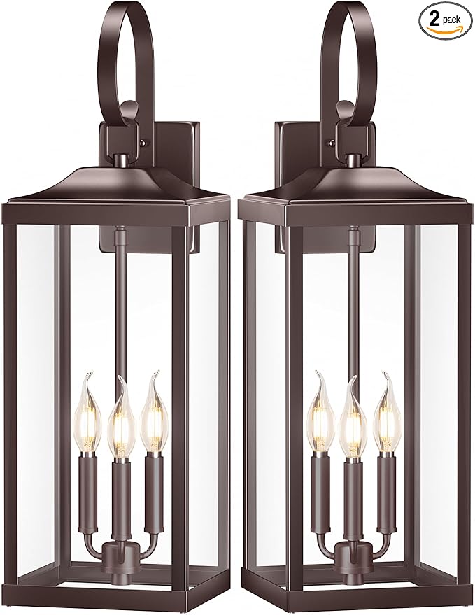 2 Packs 24 Extra Large 3-Light Outside Wall Light Fixture Oil Rubbed Bronze Outdoor Porch Lantern Wall Mounted Waterproof Modern Brown Outside Wall Sconce Coach Lamp for House E12