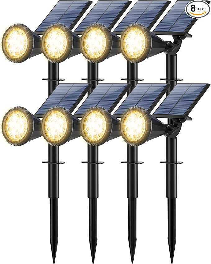8 Pack Solar Spot Lights Outdoor Waterproof 180 Adjustable Solar Powered Landscape Lights for Yard Garden Pathway Porch Pool Wall 4 Lighting Modes Warm White