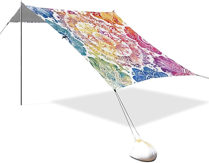 ALAZA Rainbow Mandala Watercolor Beach Tent Sun Shelter UPF50+ Protection Beach Shade Canopy w/ 4 Sandbags for Outdoor Camping Fishing Backyard Fun Picnic 10x9 ft