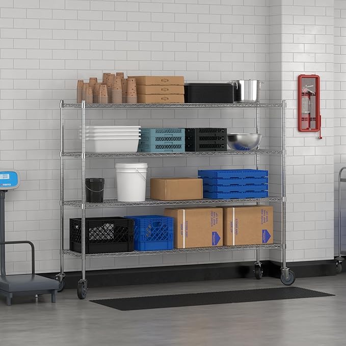 Commercial NSF Listed Chrome Mobile Wire Shelving Kit 18 x 72 x 60 with 4 Shelves Perfect for Warehouse Walk-in Refrigerator Freezer Grocery Store Restaurant Dishroom