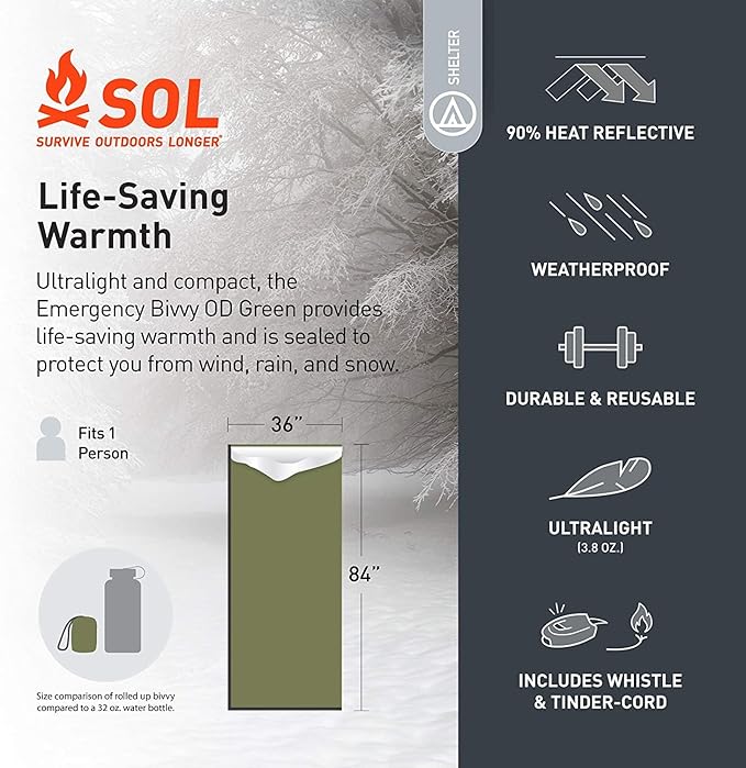 Survive Outdoors Longer 90% Emergency Bivvy - Comes with Survival Whistle &amp Tinder Paracord Drawstring - Add to Emergency Kit &amp Hiking Gear - Waterproof Windproof &amp Tear-Resistant