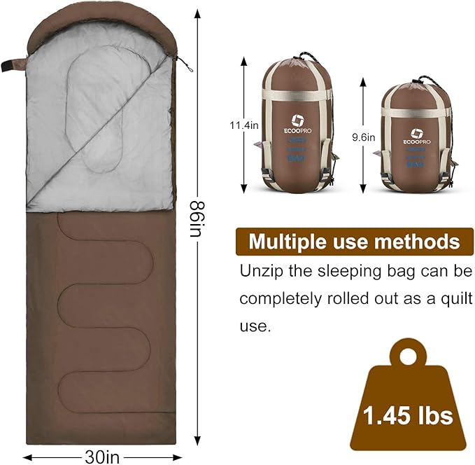 ECOOPRO Warm Weather Sleeping Bag - Portable Waterproof Compact Lightweight Comfort with Compression Sack - Great for Outdoor Camping Backpacking &amp Hiking-83 L x 30 W Fits Adults