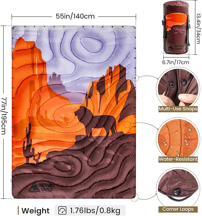 ONETIGRIS Ultralight Camping Blanket Packable Puffy Quilt Puffy Printed Camping Blanket with Snap Buttons &amp Corner Loops for Backpacking Hiking &amp Travel