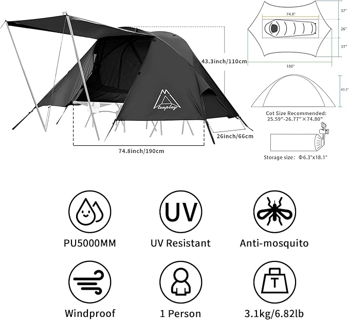 TENPLAY Cot TentCamping TentBackpacking Tent3 Way TentSolo Tent1 PersonQuick Setup70D Nylonpu5000mmUV Cut7001 AluminiumUltralightCompactOuterdoorHikingTravelMountaineering