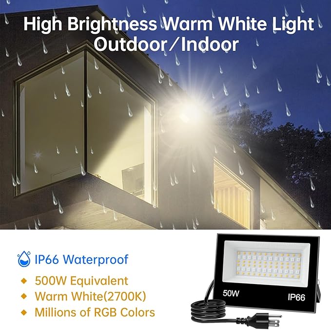 LED Flood Light Outdoor 500W Equivalent 5000LM Smart RGB Landscape Lighting with APP Control DIY Scenes - Timing - Warm White 2700K - Color Changing Uplight 43 Modes IP66 Waterproof (2 Pack)