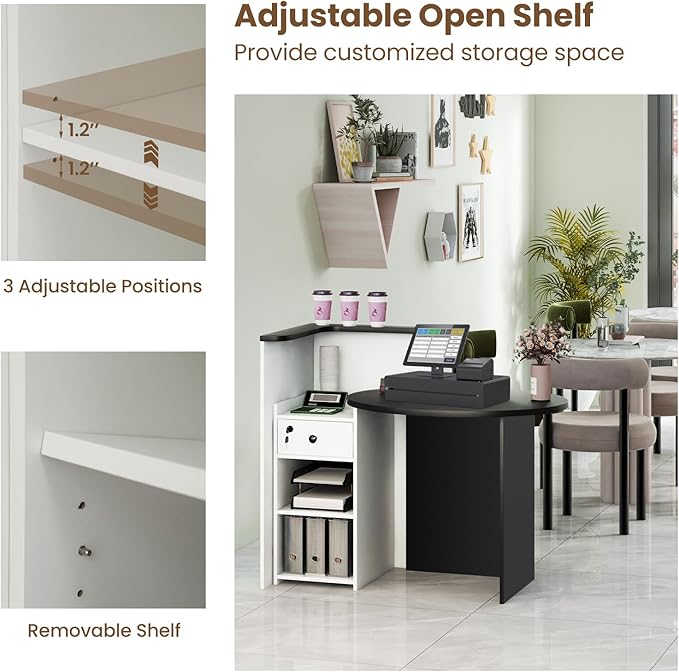 Reception Desk Front Desk Reception Counter with Oval Desktop Open Shelf &amp Lockable Drawer Small Retail Checkout Counter Table Wood Computer Workstation for Home Office Lobby &amp Salon