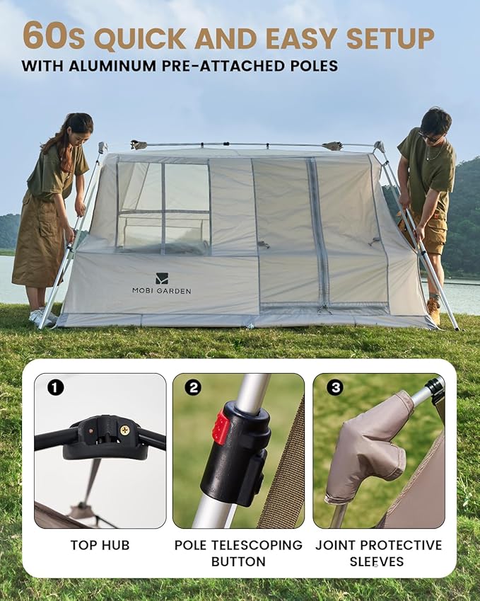 Mobi Garden Skyloft 4/8 Person Instant Tent Large Aluminum Alloy Cabin Tent Double Layer Full Rainfly Waterproof 4 Season Shelter Huge Interior with Pre-Attached Poles Air Vent &amp Carry Bag