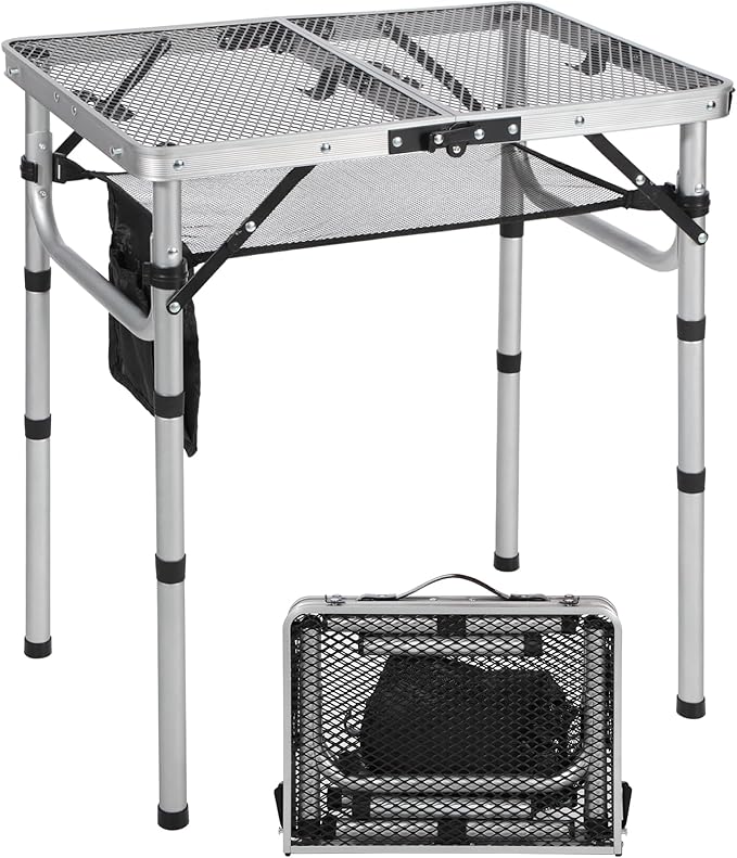 RedSwing Folding Grill Table Lightweight Height Adjustable Aluminum Table with Mesh Desktop and Mesh Bag for Outdoor Camping Picnic BBQ 2 Feet Sliver