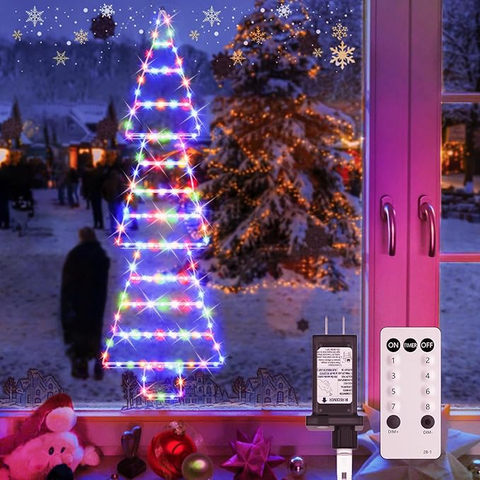 4.6FT LED Christmas Tree Ladder Lights with Remote Plug-in Christmas Window Lights IP65 Waterproof Timer 8 Lighting Modes Window Hanging Light for Indoor Outdoor Wall Door Garden