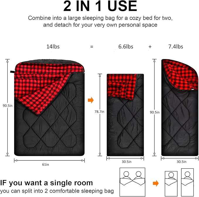 AGEMORE 0 Degree Double Sleeping Bag for Adults Cotton Flannel Lined 2 Person Queen Size Warm Sleeping Bag for Family Winter Camping or RV Traveling