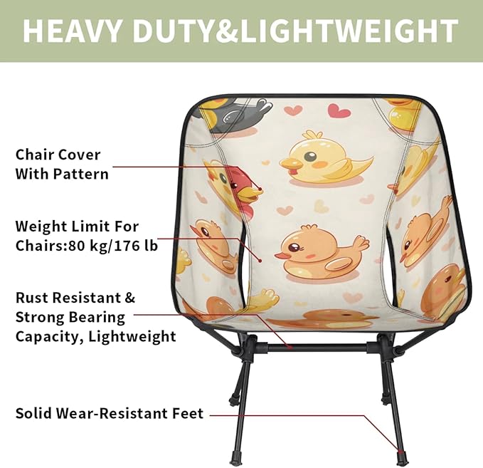 Honeybaby Folding Camping Chair Cute Duck Print Camping Chairs Lightweight Portable Chair Outdoor Foldable Chairs for Camping Travel Picnic Beach Hiking
