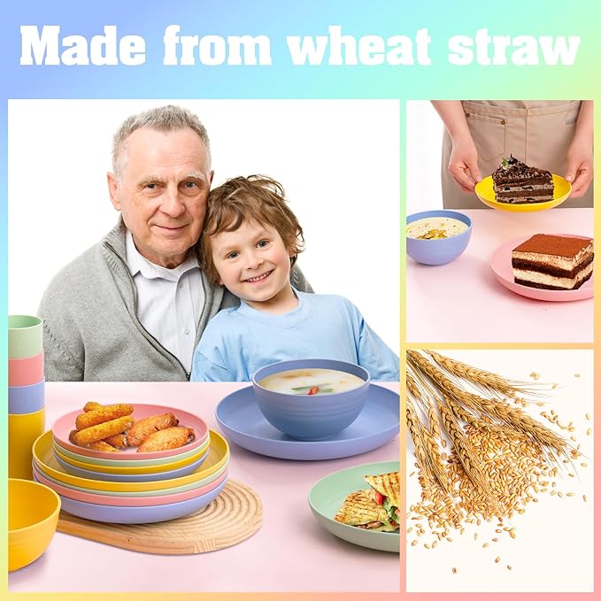 32 pcs Unbreakable Lightweight Wheat Straw Dinnerware Sets for 8 Reusable Kids Plates and Bowls Sets Non Toxic Microwave and Dishwasher Safe Plastic Dishes Set Camping RV Picnic Dishes