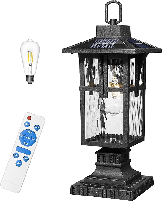Solar Post Lights Outdoor HWH Exterior Lamp Post Light Fixture Waterproof Pier Mount Light with Water Ripple Glass Patio Garden 5HX62P-ML SL BK