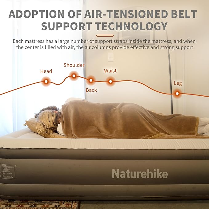 Naturehike Pongee Fabric Queen Air Mattress with Self-Stop High-Speed Built in Pump 15.8 Thicken Deluxe Blow Up Mattress Waterproof 2-Min Fast Inflatable Airbed for Home Camping Guests Travel