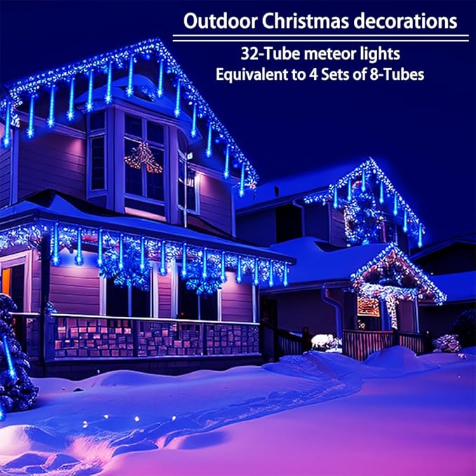 Christmas Lights Outdoors 32 Tubes(Equivalent to 4 Sets of 8-Tubes) Meteor Shower Rain Lights - Blue lcicle Christmas Light Outdoor for Xmas Tree Wedding Party Holiday House Yard Decor UL Plug