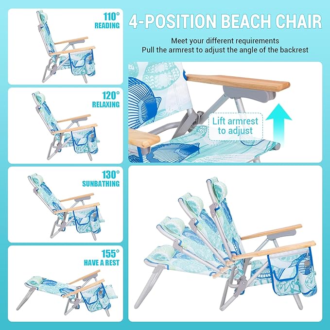 #WEJOY 2 Pack Aluminum Beach Chair with 4 Positions Backpack Beach Chair with Wooden Armrest Portable Reclining Chair with Cup HolderBack Storage Bag for Camp Lawn Pool Outdoor Trip (Cyan Green)