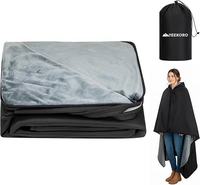 Large Camping Blanket Hooded Stadium Blanket with Crystal Velvet Lining Waterproof Windproof Warm Outdoor Blankets for Camping Picnic Stadium Sports Beach Concerts (59x 79)