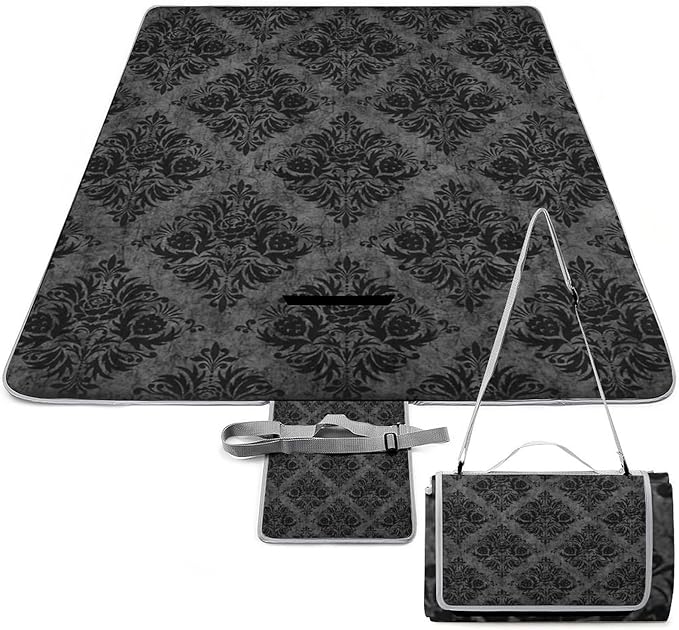 Gothic Skulls Damask Style Black White Waterproof Outdoor Picnic Blanket Sandproof Beach Mat for Camping Hiking Grass Travelling