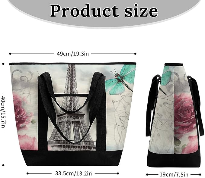 Insulated Shopping BagLarge Reusable Cooler Bags Dragonfly French Tower Printed Foldable Shopping BagTravel Waterproof Shoulder Bag