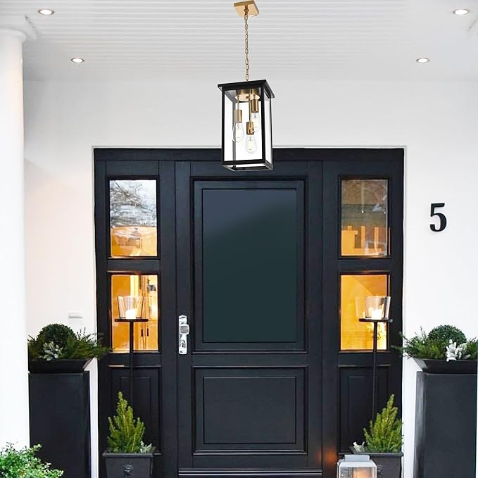 3-Lights Black and Brass Outdoor Pendant Light Exterior Hanging Lantern with Clear Glass Height Adjustable Hanging Light Fixture for Porch Patio Damp Locations E26 Base