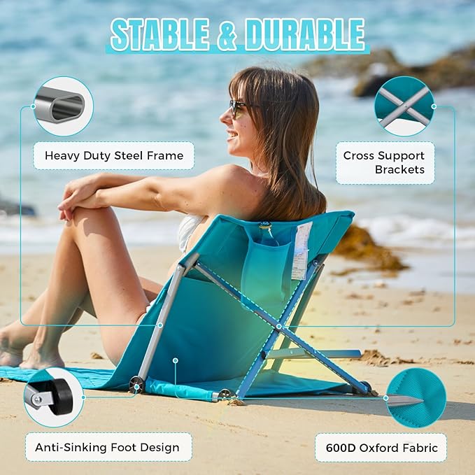 #WEJOY Beach Lounge Chair Collapse Folding Lightweight Mat Portable Ground Beach Chairs with Padded Seat &amp Stepless Adjustable Backrest for Beach Sand Outdoor