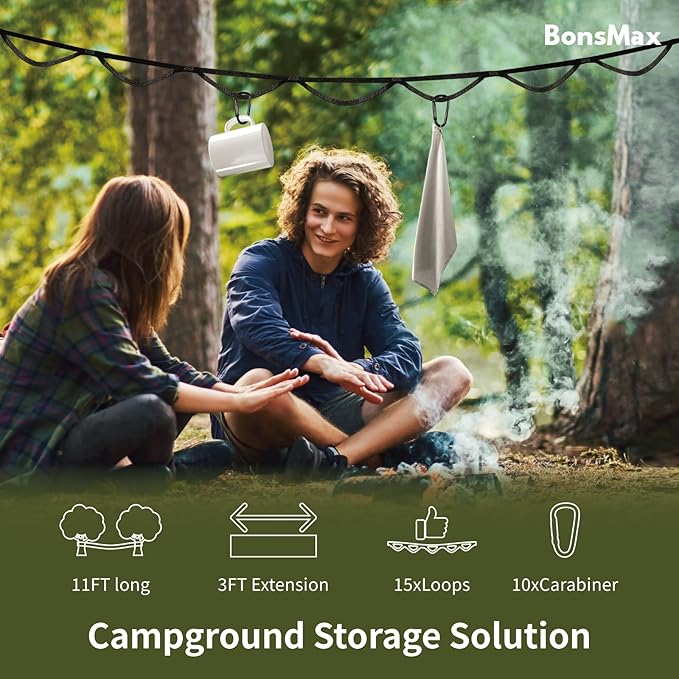 Camping Storage Strap Organizer for Campsite Backyard Garage Cam Buckle Strap with 15 Loops and 10 Carabiners RV Camping Tent Hanging Gear (Camo)