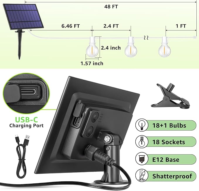 Mlambert 48Ft Solar String Lights Outdoor Waterproof Patio Lights with 18 Shatterproof G40 Bulbs(1 Spare) Led Light for Backyard-White Wire