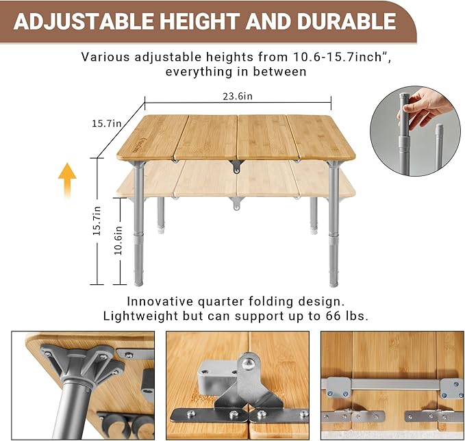 KingCamp Bamboo Folding Table Camping Table with Adjustable Height 4-Folds Compact Small Lightweight Portable Picnic Camp Table for Outdoor Backpacking Beach RV Travel Tailgating Barbecue 1-2 People