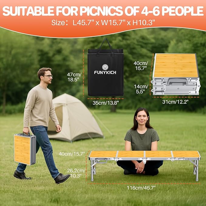FUNYKICH 4ft Low Folding Picnic Table(45.7''x15.7''x10.3'') Thicker Aluminum Legs Beach Table with Handle &amp Carry Bag Lightweight Small Camping Table for Picnic Beach Camping Party Yellow