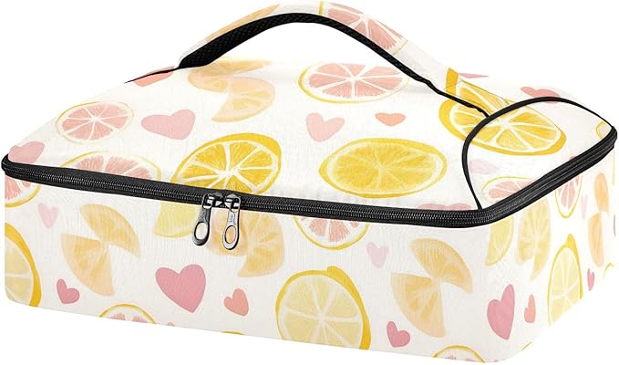 Casserole Carrier Lemon Slices and Heart PatternInsulated Casserole Carrier for Hot or Cold Food Thermal Lunch Tote for Potluck Parties Picnic Beach Fits 9 x 13 Inches Baking Dish