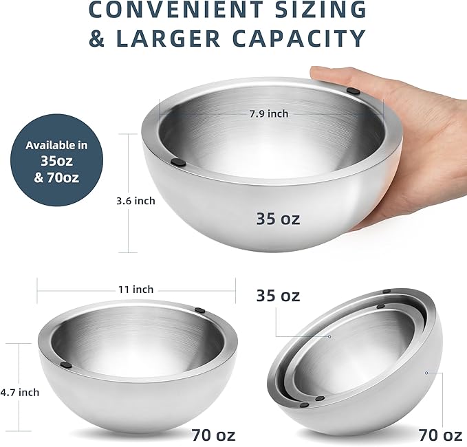 Dip Chiller Bowl - Large 70oz Capacity - Frozen Ice Stainless Steel Party Serving Bowl - Insulated Dip Dish Platter Keeps Salsa Guacamole Condiments Sauces Salad &amp Food Hot or Cold (2 Bowls)