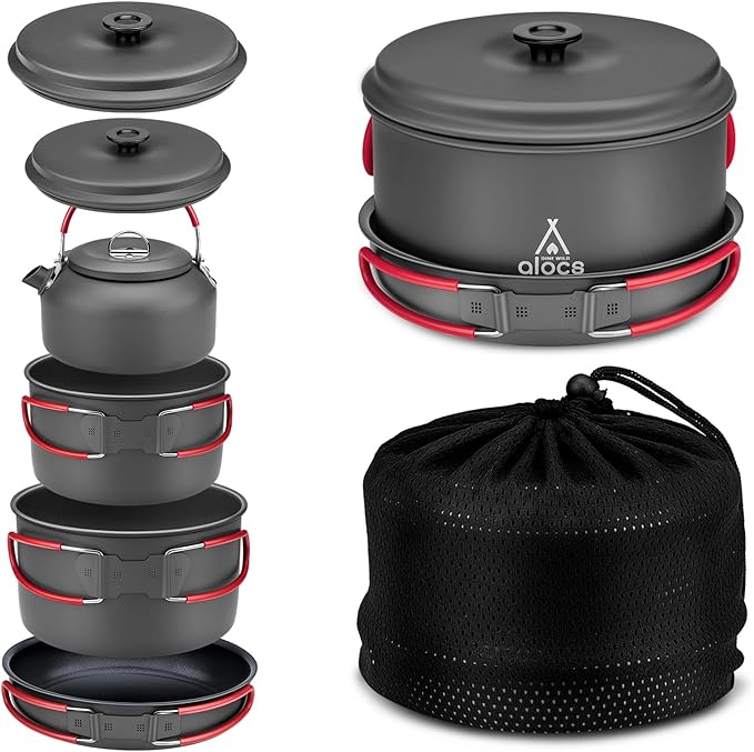 Alocs Camping Cookware Set Camping Gear Compact Camping Pots and Pans Set Durable Hard Alumina Camping Cooking Set for Outdoor Backpacking Camping Hiking Picnic Included Mesh Carry Bag