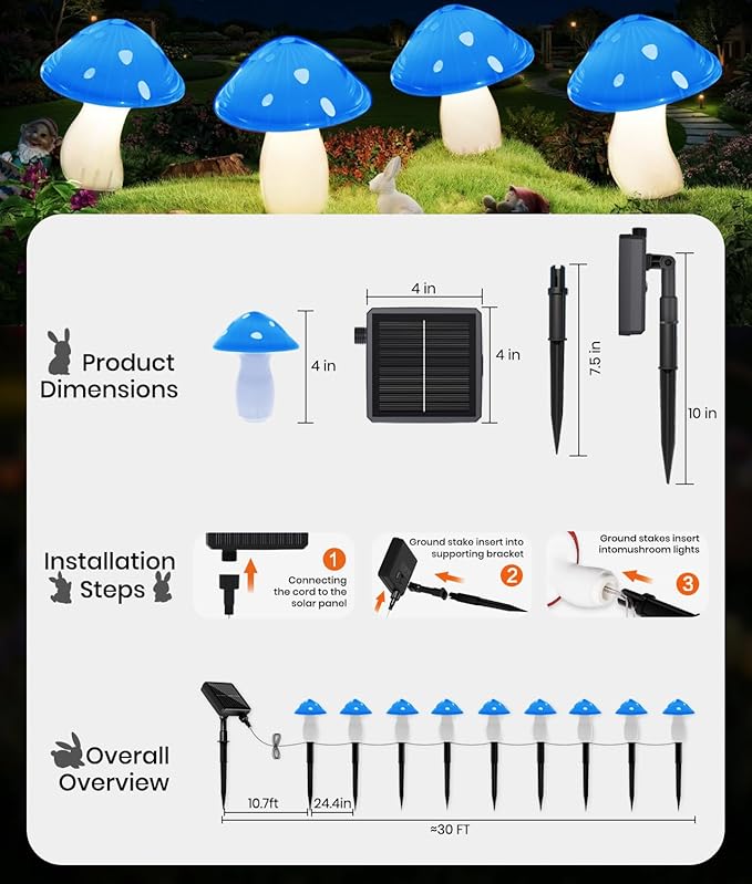 Solar Mushroom Lights Outdoor 9 Pack Garden Outdoor Decor 8 Lighting Modes IP65 Waterproof Crystal-Clear Fairy Decoration for Pathway/Yard/Flower Bed/Patio/Landscape/Backyard/Dwarf String 30 FT