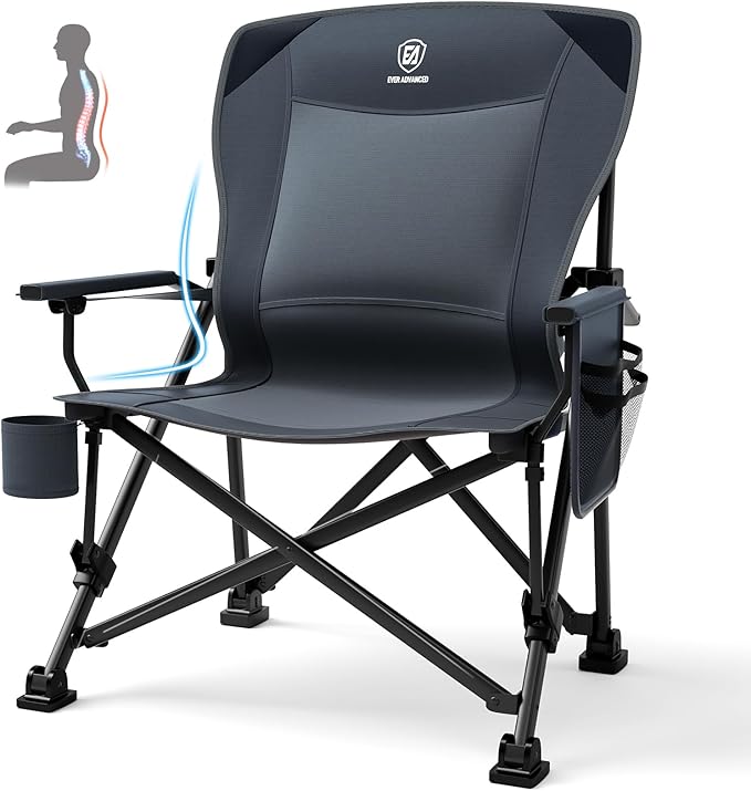 EVER ADVANCED Oversized Folding Camping Chair for Adults with Adjustable Lumbar Support Heavy Duty Chair with Side Pockets Portable Collapsible Quad Chair for Outside