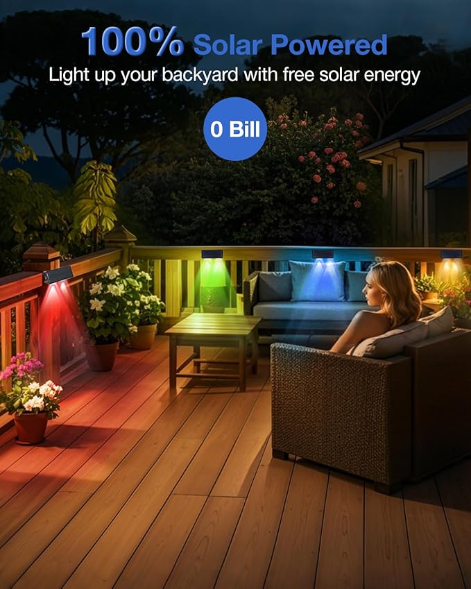 Fence Lights Solar Powered Outdoor Waterproof 3 Sided Wall LED Landscaping for Yard Deck Patio Rail Garage Pool Balcony Energy Efficient Warm White Safety (Multicolor Down-8Pack Light)