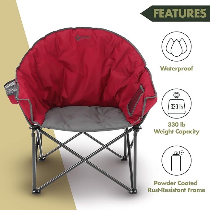 ARROWHEAD OUTDOOR Oversized Heavy-Duty Club Folding Camping Chair with Pocket Cup Holder Portable Padded Moon Round Saucer Supports 330lbs Carrying Bag