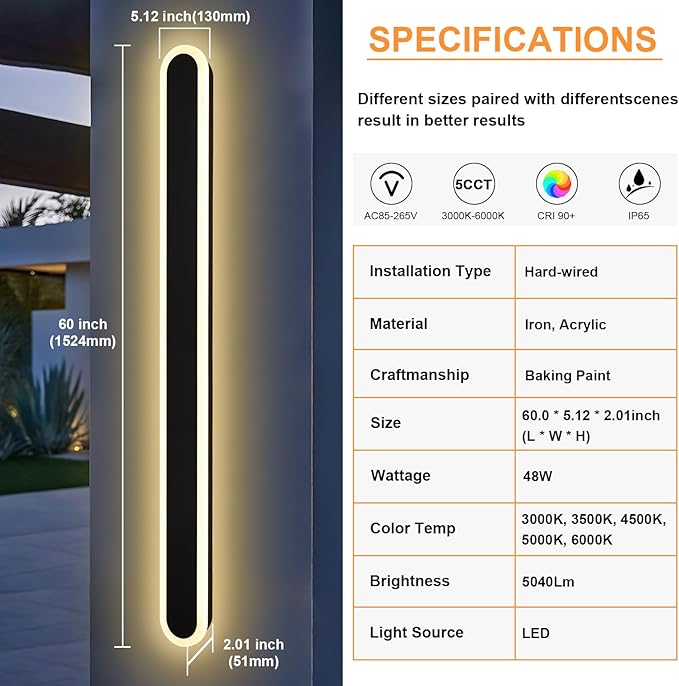 2Pcs 60in LED Outdoor Wall Light Fixture 5CCT Dimmable Modern Outdoor Linear Wall Sconce IP65 Waterproof Black Long Exterior Lighting Fixtures Hardwired Mounted for House Patio Balcony Porch